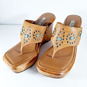 MIA Brown Leather Turquoise Stud Thong Sandals
